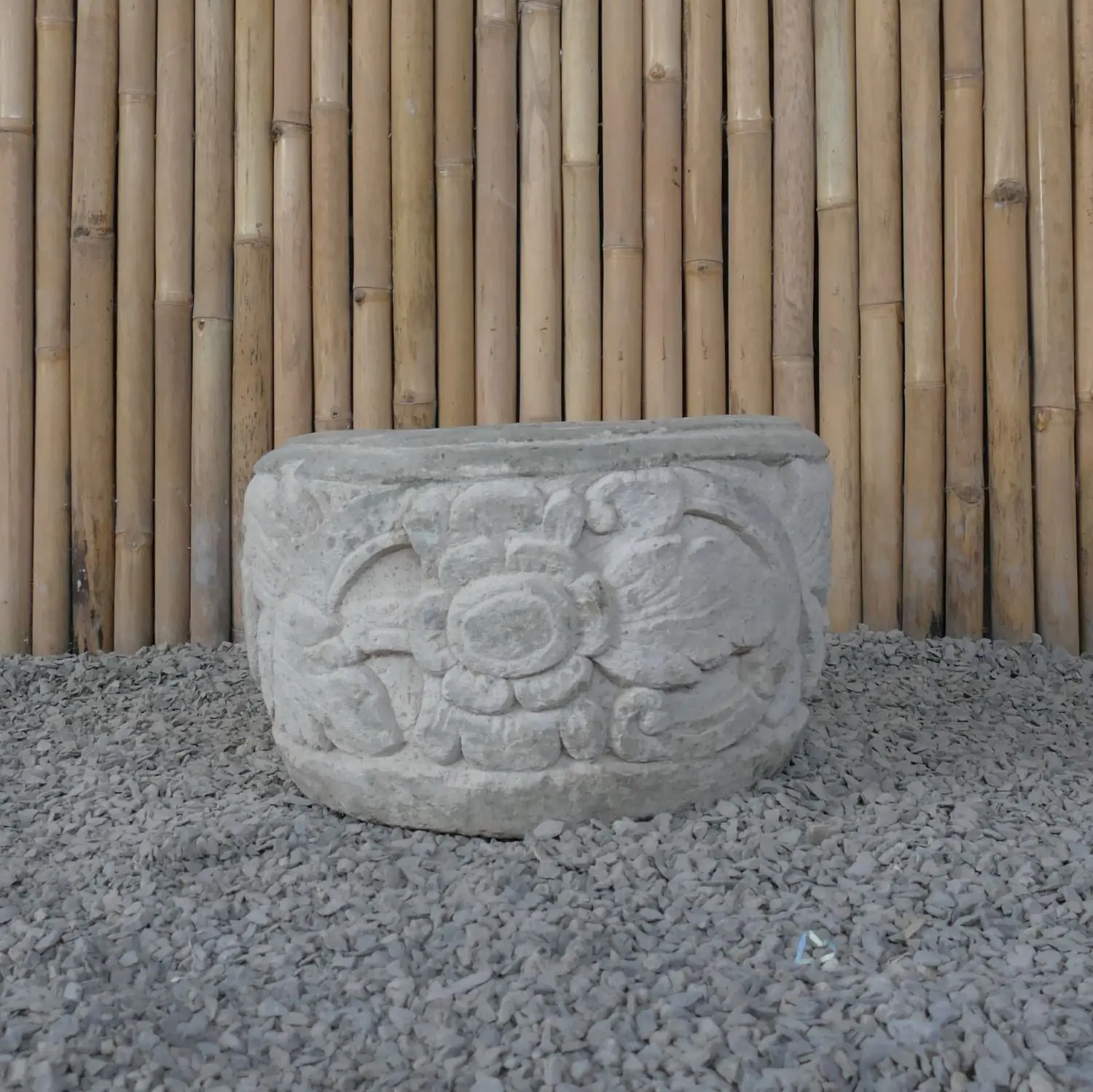  Product image 3 of the product “Balinese style flat round pot, with carving - 50cm Dia., 30 cm Height, Taro sand ”